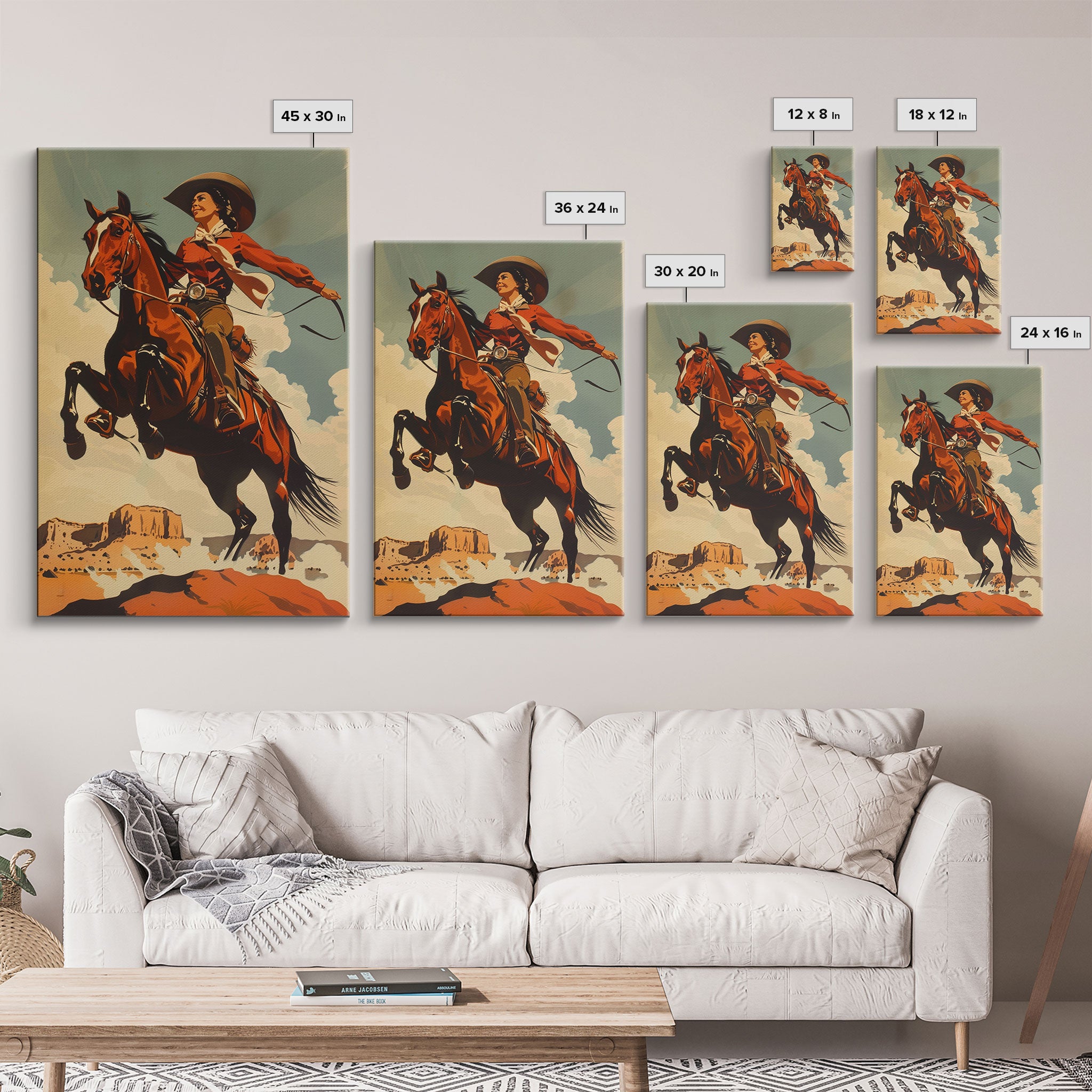 Elegant Cowgirl Commanding Horse | Framed Canvas Print | Western Wall Art | Living Room Decor | Rustic Home Decor