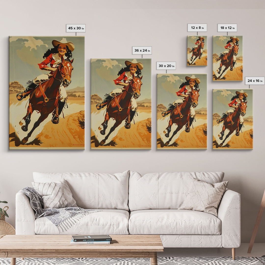 Graceful Cowgirl Jumping with Horse | Framed Canvas Print | Western Wall Art | Living Room Decor | Rustic Home Decor