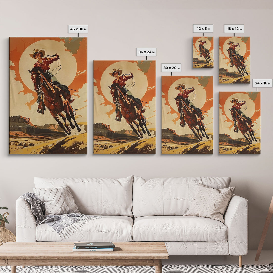 Spirited Cowgirl Racing Horse in Desert | Framed Canvas Print | Western Wall Art | Living Room Decor | Rustic Home Decor