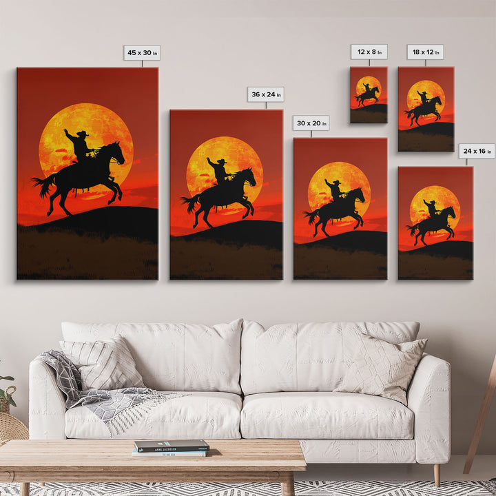 Cowboy Silhouette on Horseback at Sunset | Framed Canvas Print | Western Landscape Art | Rustic Cowboy Wall Art for Living Room