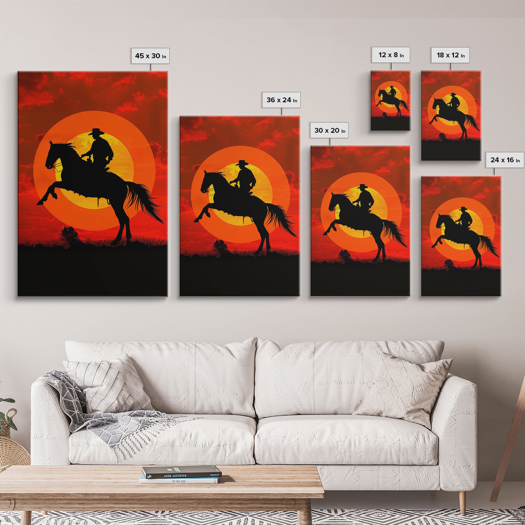 Cowboy on Horse with Dramatic Sunset Background | Framed Canvas Print | Western Silhouette Art | Sunset Cowboy Wall Art for Bedroom