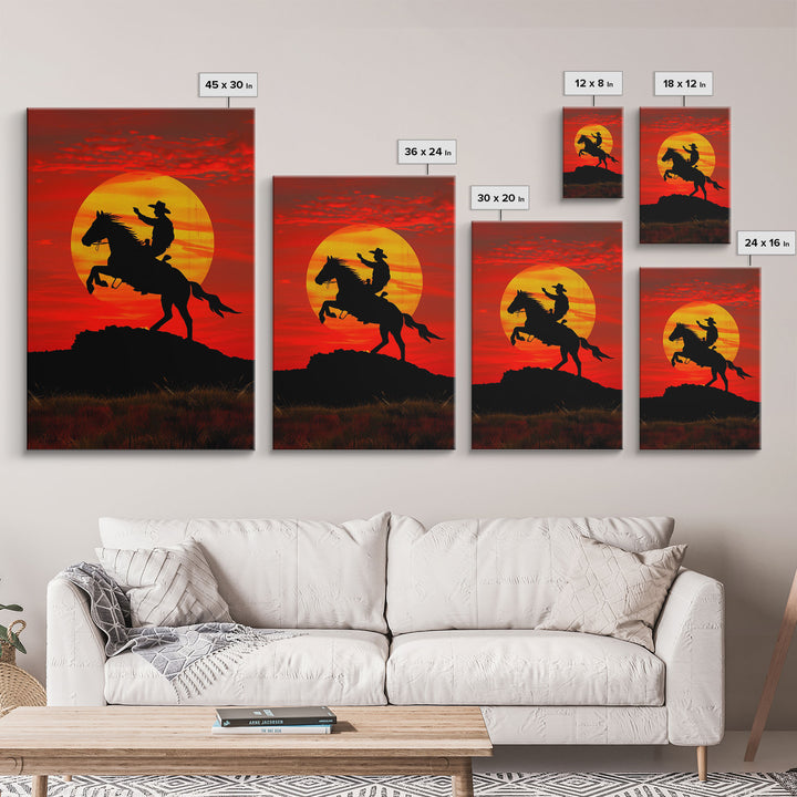 Dynamic Cowboy Horse Ride Silhouette at Sunset | Framed Canvas Print | Western Wall Art | Sunset Horseback Wall Art for Home Decor