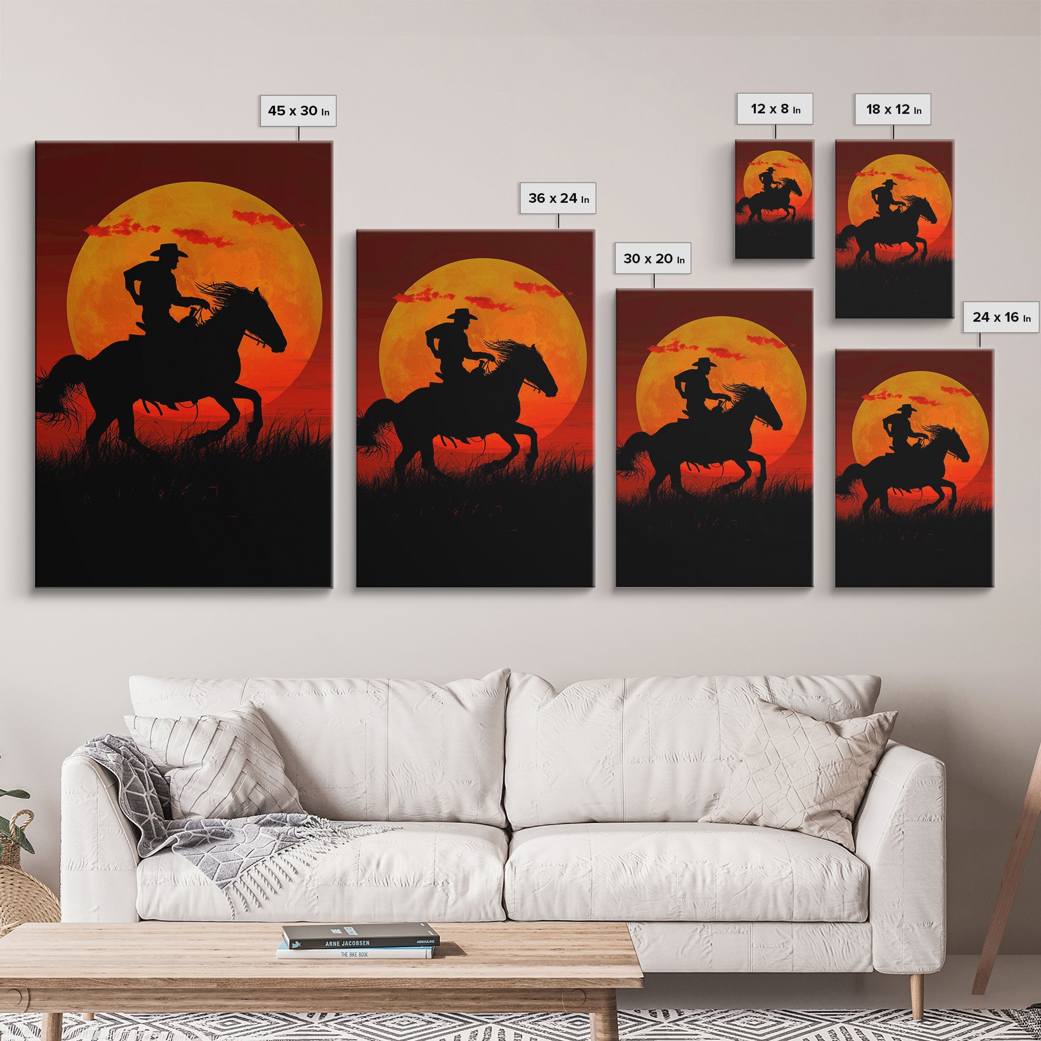 Action Cowboy Silhouette on Horse at Sunset | Framed Canvas Print | Western Wall Art | Dramatic Cowboy Wall Art for Home Decor