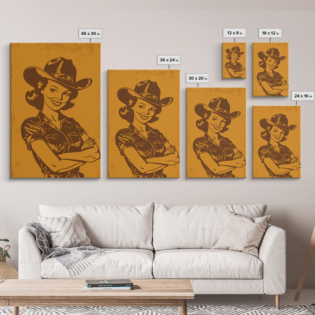 Retro Cowgirl Illustration in Yellow | Framed Canvas Print | Vintage Western Decor | Classic Cowgirl Wall Art for Living Room