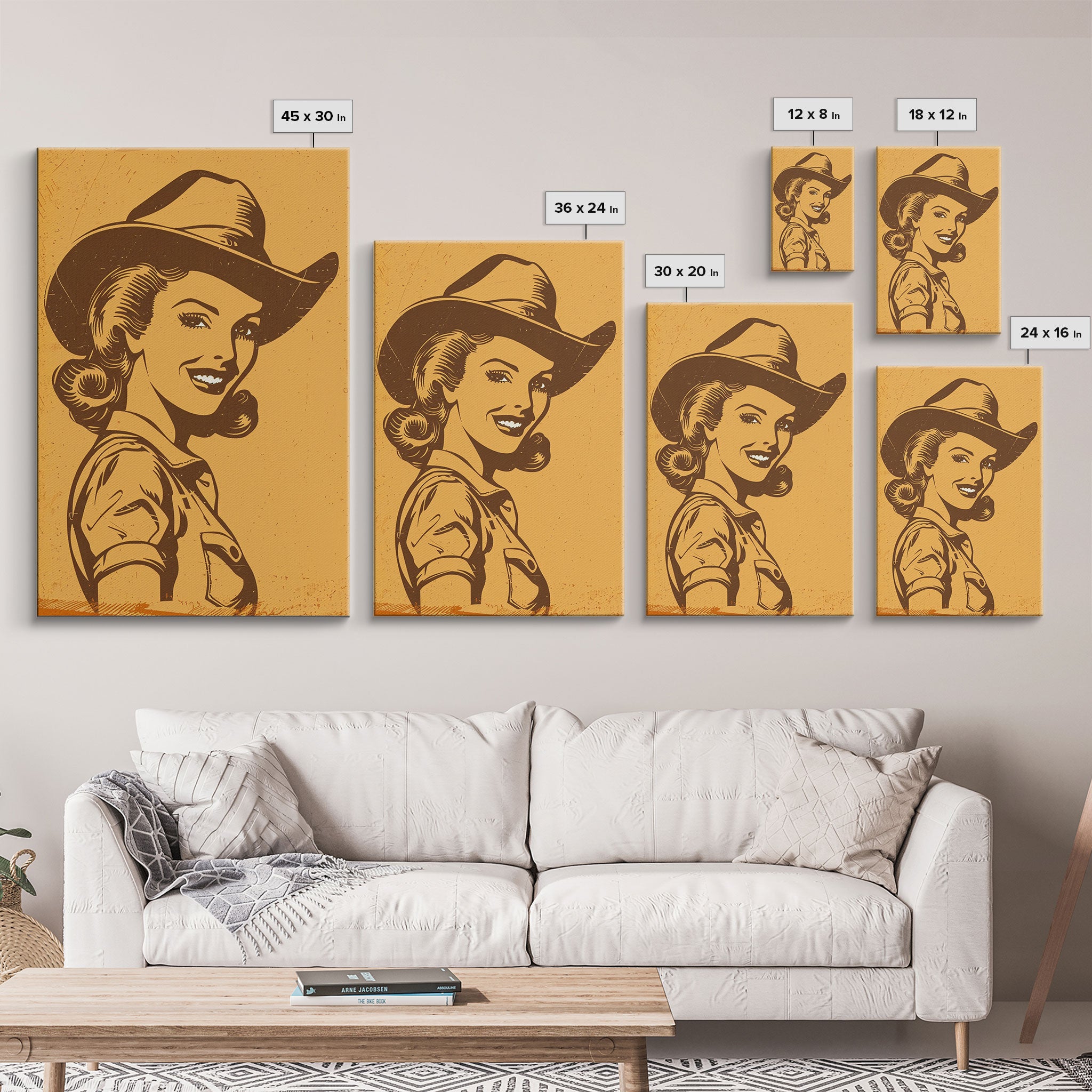 Smiling Retro Cowgirl in Hat Illustration | Framed Canvas Print | Vintage Western Art | Retro Cowgirl Wall Art for Bedroom Decor