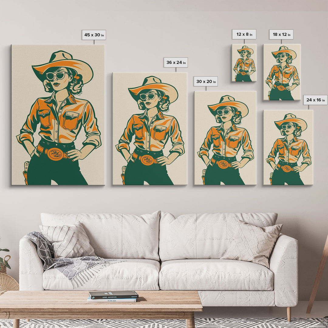 Stylish Retro Cowgirl in Sunglasses Illustration | Framed Canvas Print | Vintage Western Decor | Classic Cowgirl Wall Art for Home