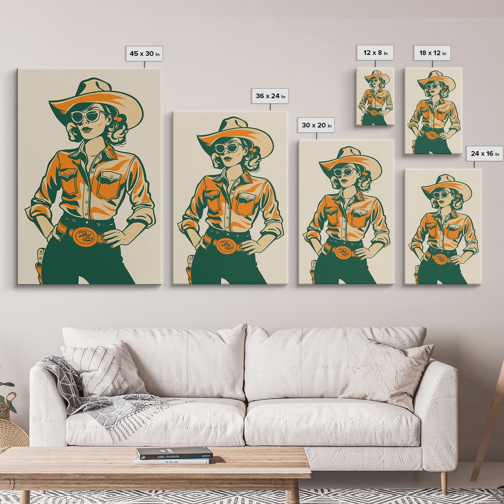 Stylish Retro Cowgirl in Sunglasses Illustration | Framed Canvas Print | Vintage Western Decor | Classic Cowgirl Wall Art for Home