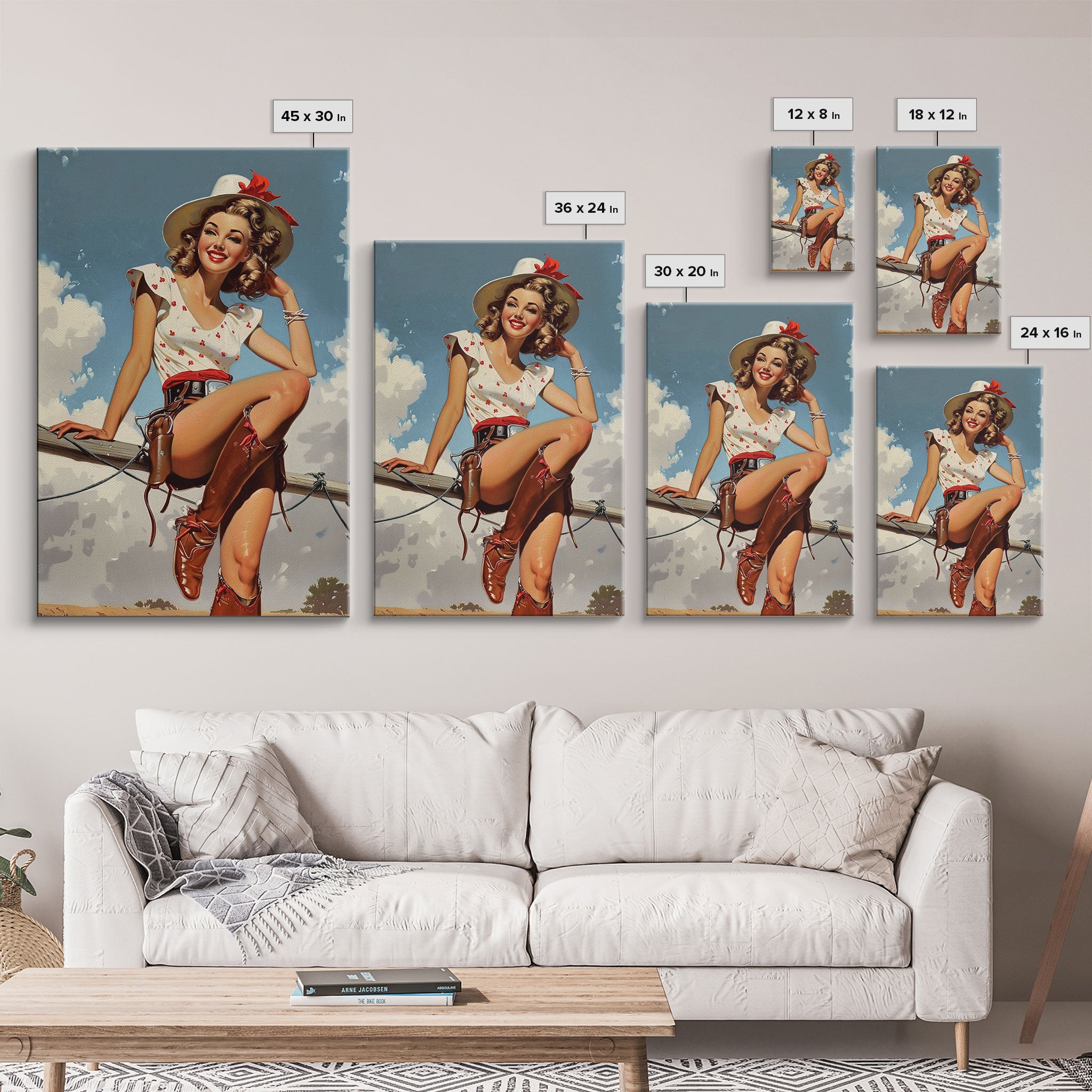 Classic Cowgirl Pin-Up Art Print, Vintage Western Framed Canvas, Retro Pin-Up Girl in Cowboy Hat and Boots, Unique Home Decor