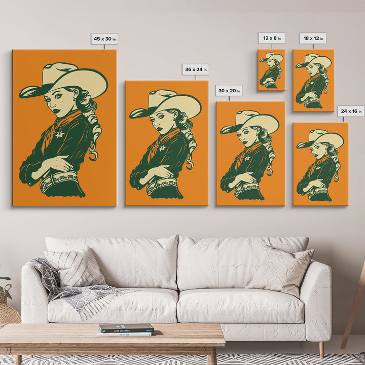 Elegant Retro Cowgirl with Hat Illustration | Framed Canvas Print | Vintage Western Art | Stylish Cowgirl Wall Art for Living Room