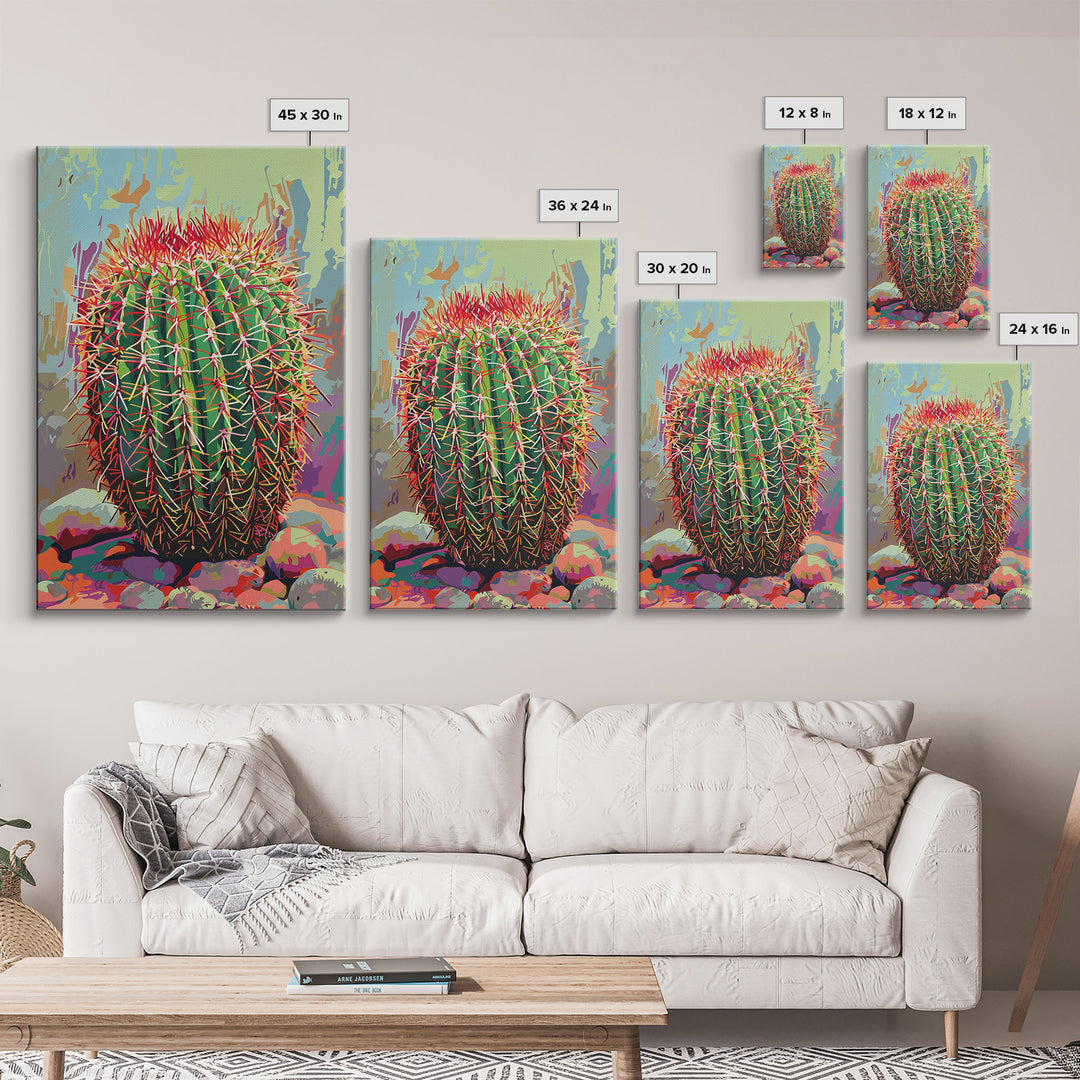 Bold Barrel Cactus Art with Red Spines - Framed Canvas Print, Vibrant Desert Decor, Living Room Art, Cactus Wall Art for Home