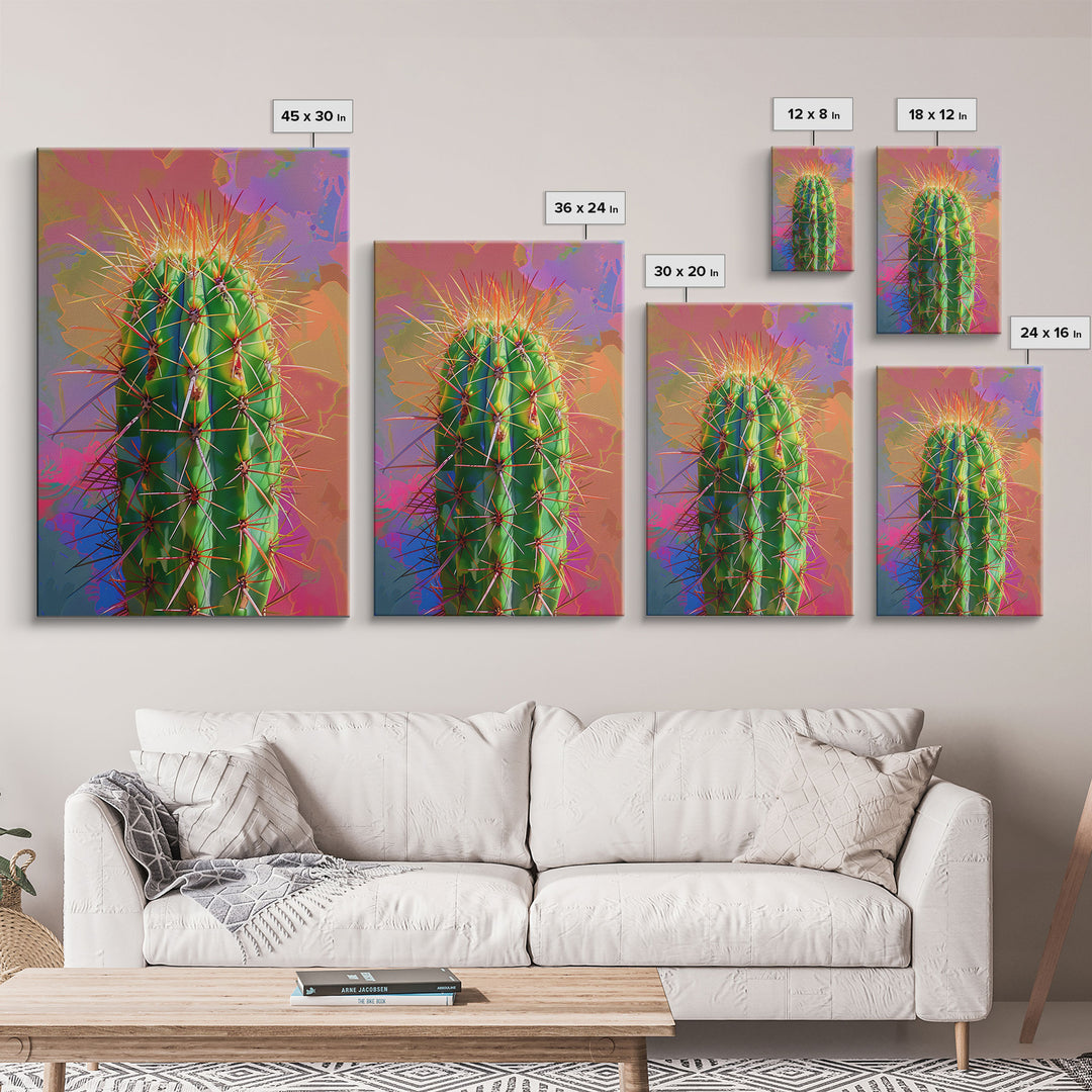 Green Cactus with Orange Spines on Colorful Background - Framed Canvas Print, Bright Desert Decor, Bedroom Art, Cactus Wall Art