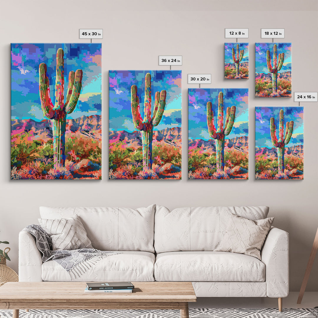 Majestic Saguaro Cactus in Colorful Desert Landscape - Framed Canvas Print, Vibrant Southwest Decor, Living Room Art, Cactus Wall Art