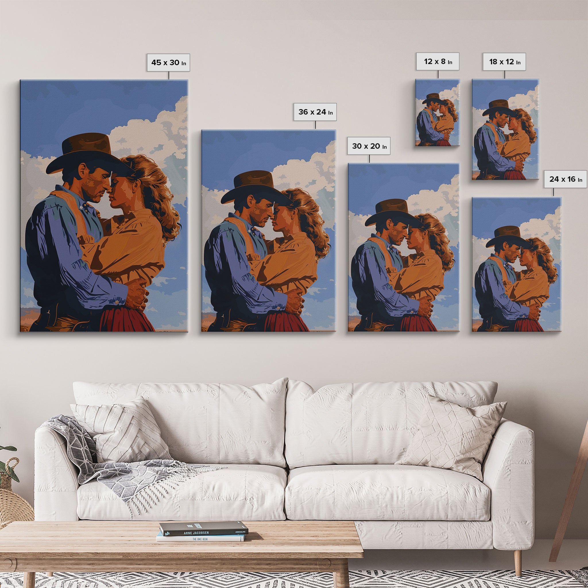 Classic Western Love Scene Under Blue Sky - Framed Canvas Print, Rustic Cowboy Decor, Living Room Art, Romantic Wall Art for Home