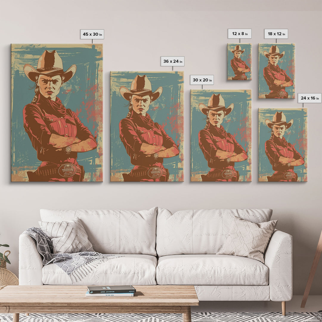 Fierce Cowgirl in Red Framed Canvas Print - Rustic Western Decor, Vintage Wall Art for Living Room, Bedroom Artwork