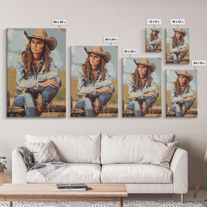 Thoughtful Cowgirl in Denim Framed Canvas Print - Rustic Western Decor, Vintage Wall Art for Living Room, Bedroom Artwork