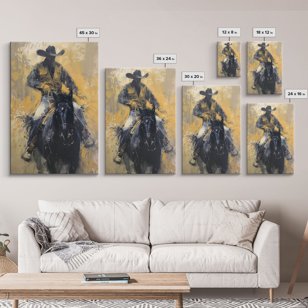 Cowboy in Full Gear Riding Horse - Framed Canvas Print, Western Wall Art, Rustic Decor, Living Room and Bedroom Art Print