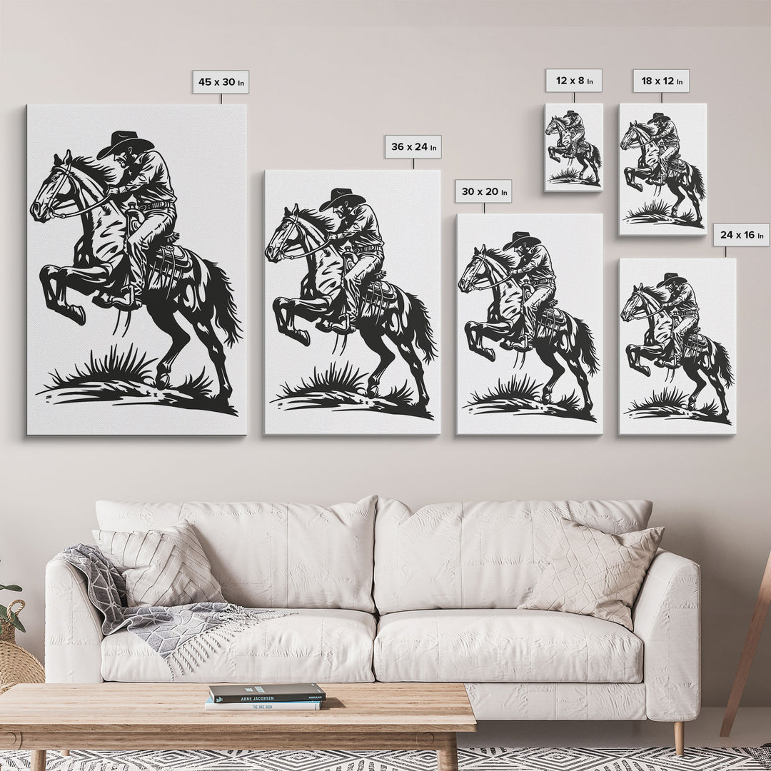 Cowboy Riding Horse with Reins - Framed Canvas Print, Western Wall Art, Rustic Decor, Living Room and Bedroom Art Print