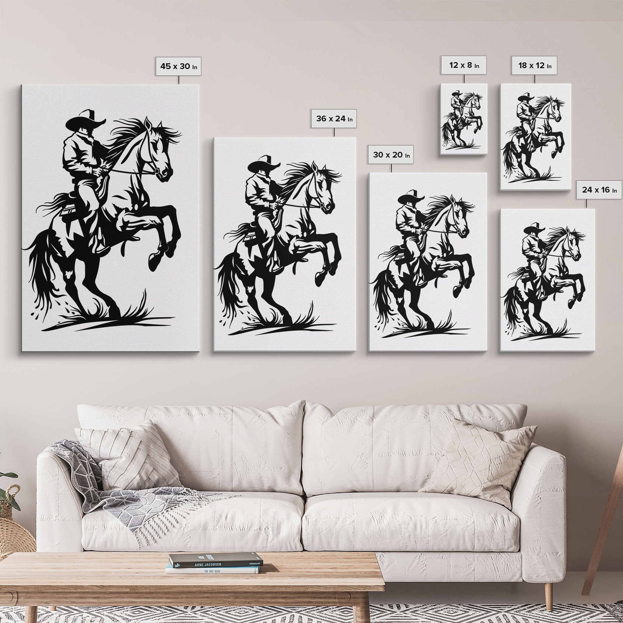 Dynamic Cowboy on Rearing Horse - Framed Canvas Print, Western Wall Art, Rustic Decor, Living Room and Bedroom Art Print