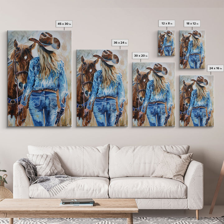 Intense Cowboy and Horse Silhouette - Framed Canvas Print, Western Wall Art, Rustic Decor, Living Room and Bedroom Art Print