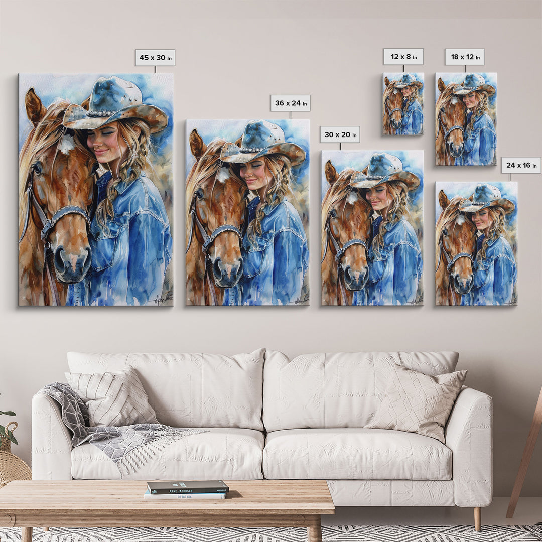 Cowgirl with Horse in Denim Outfit - Framed Canvas Print, Western Wall Art, Rustic Decor, Living Room and Bedroom Art Print