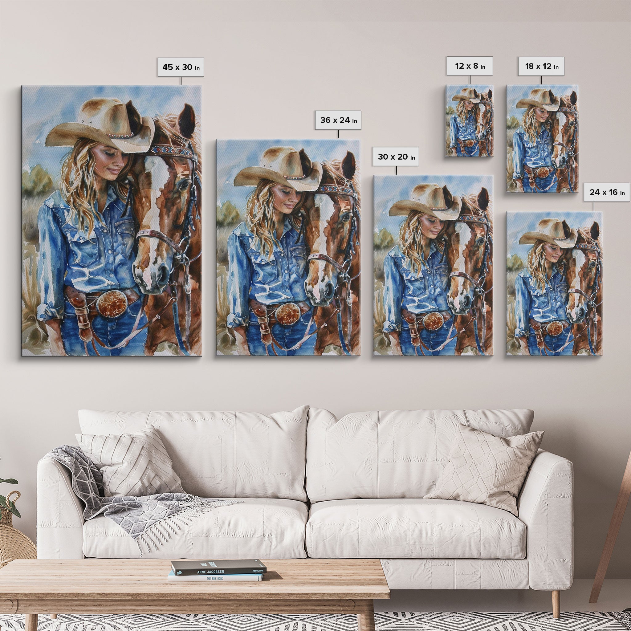 Cowgirl Preparing Horse for Ride - Framed Canvas Print, Western Wall Art, Rustic Decor, Living Room and Bedroom Art Print