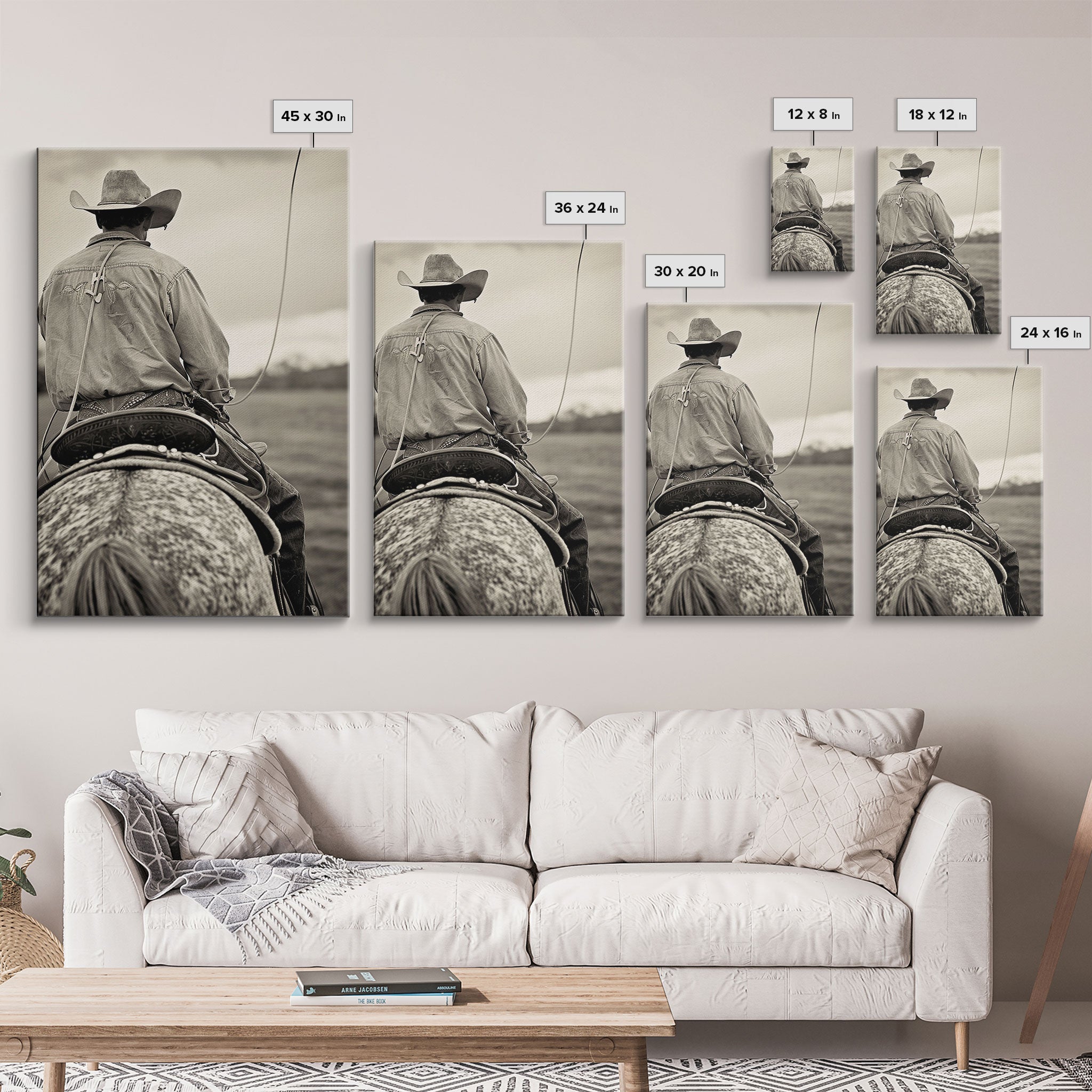 Cowboy on horseback with lasso, vintage black and white Western art, Framed Canvas Print, home decor, rustic wall art for living room