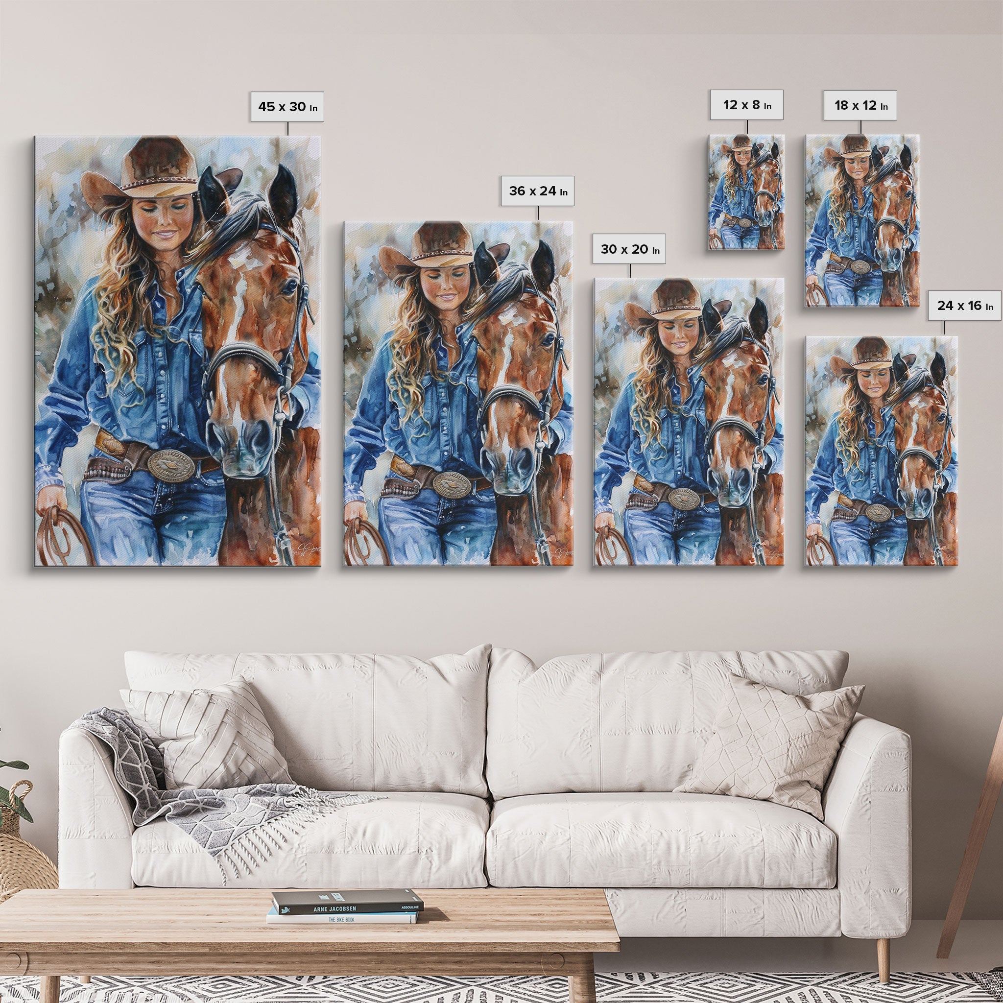 Cowgirl Embracing Horse with Hat - Framed Canvas Print, Western Wall Art, Rustic Decor, Living Room and Bedroom Art Print