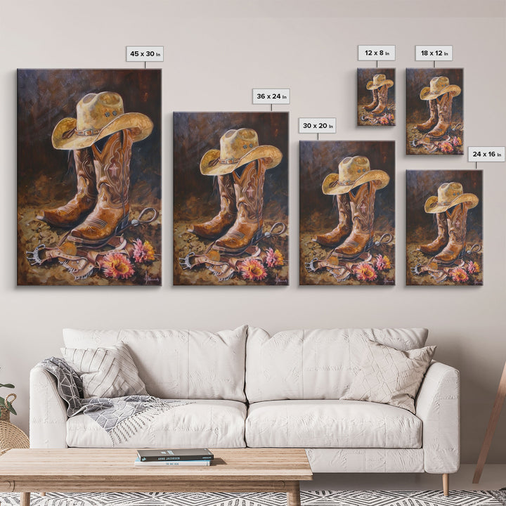 Classic Cowboy Hat and Boots Art - Framed Canvas Print, Rustic Bedroom Decor, Cowboy Themed Wall Art for Home, Western Artwork