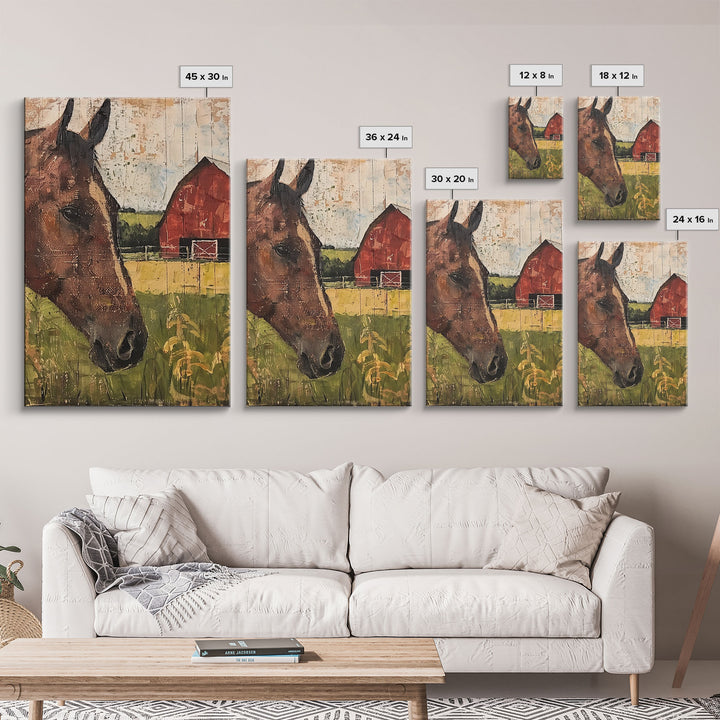 Horse and Barn Rustic Farm Art - Framed Canvas Print, Farmhouse Living Room Decor, Horse Wall Art, Rustic Home Decoration