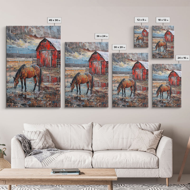 Red Barn and Horse Art Print - Framed Canvas Print, Rustic Living Room Decor, Farmhouse Wall Art, Horse and Barn Home Decoration