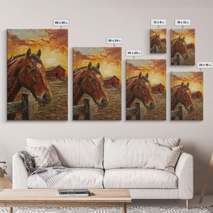 Horse with Red Barn Sunset Art - Framed Canvas Print, Rustic Bedroom Decor, Farmhouse Wall Art, Horse and Barn Home Decoration