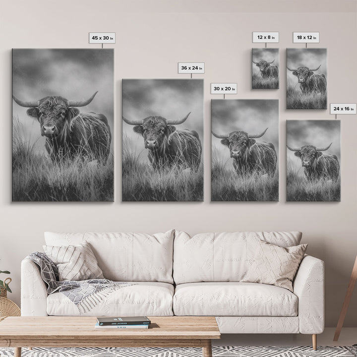 longhorn cow in field, black and white Western decor, rustic home art, Framed Canvas Print, vintage wall art for living room or bedroom