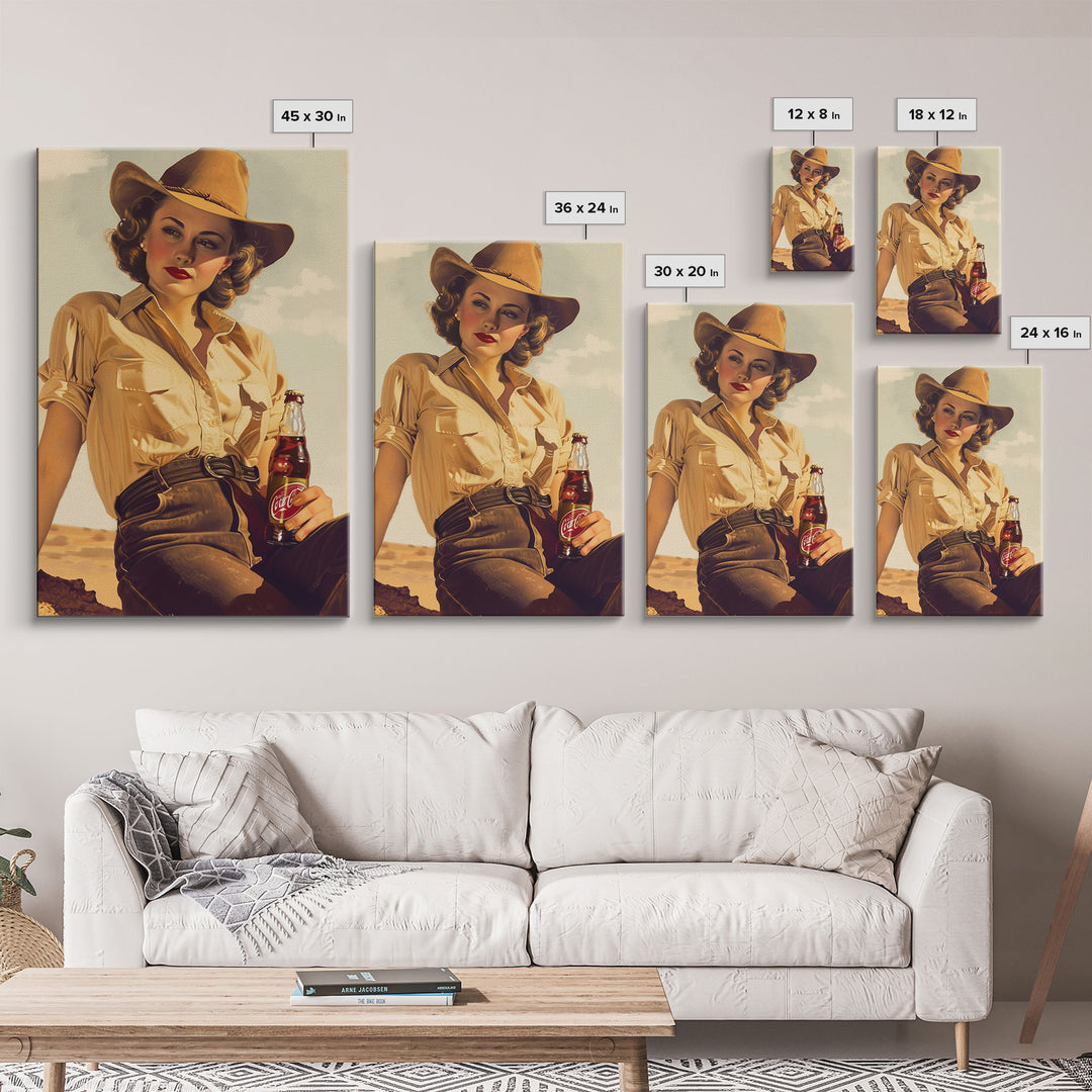 Cowgirl with Beverage Classic Art - Framed Canvas Print, Rustic Bedroom Decor, Cowgirl Wall Art, Vintage Home Decoration