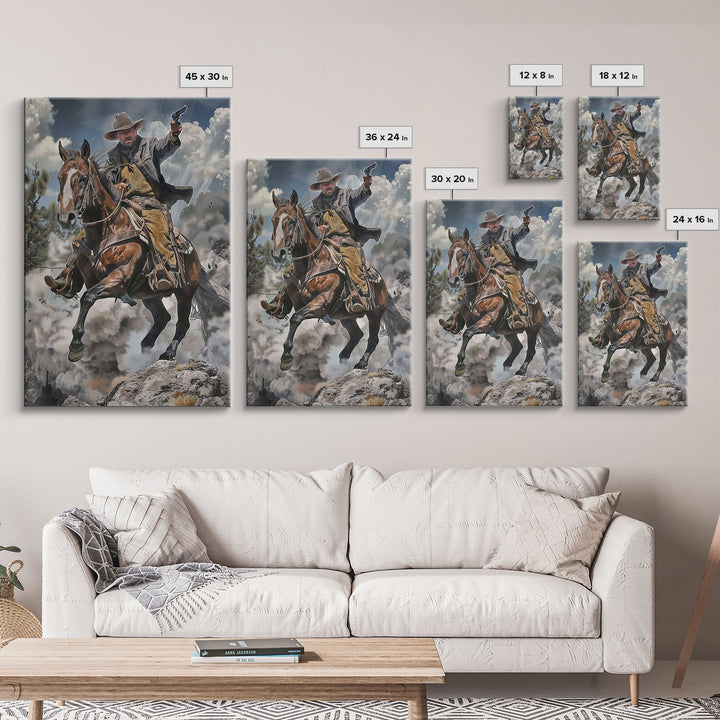 Framed Canvas Print, Cowboy Riding Horse with Gun Wall Art, Western Style Artwork for Living Room or Bedroom Decor, Dynamic Home Art Piece