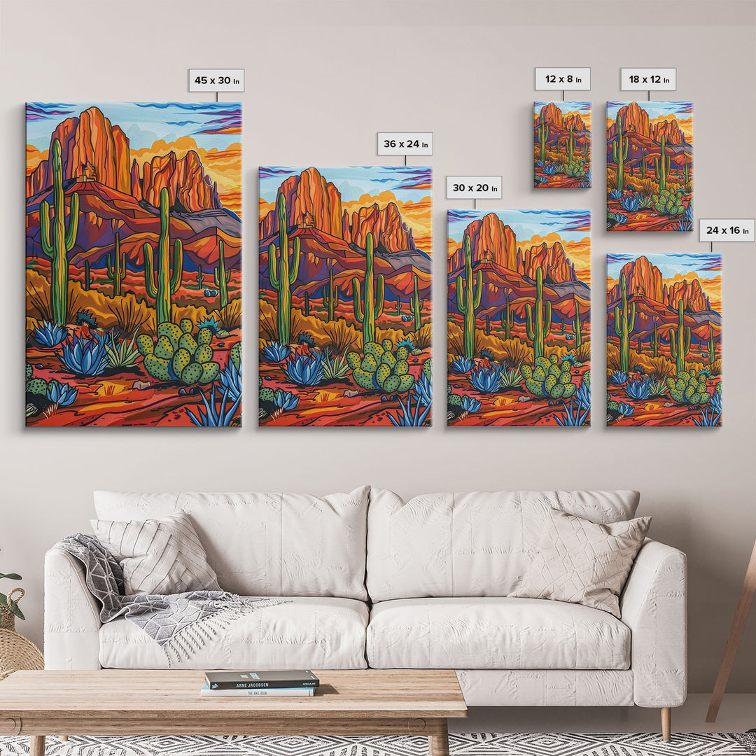 Framed Canvas Print, Cactus and Mountain Sunset Wall Art, Colorful Desert Landscape for Living Room or Bedroom Decor, Southwest Art Poster