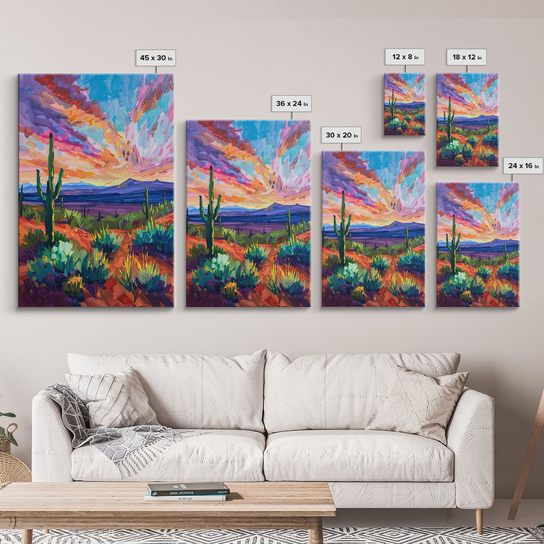 Framed Canvas Print, Cacti and Mountains at Sunset Wall Art, Vibrant Southwest Decor for Living Room or Bedroom, Nature Art Decoration Piece