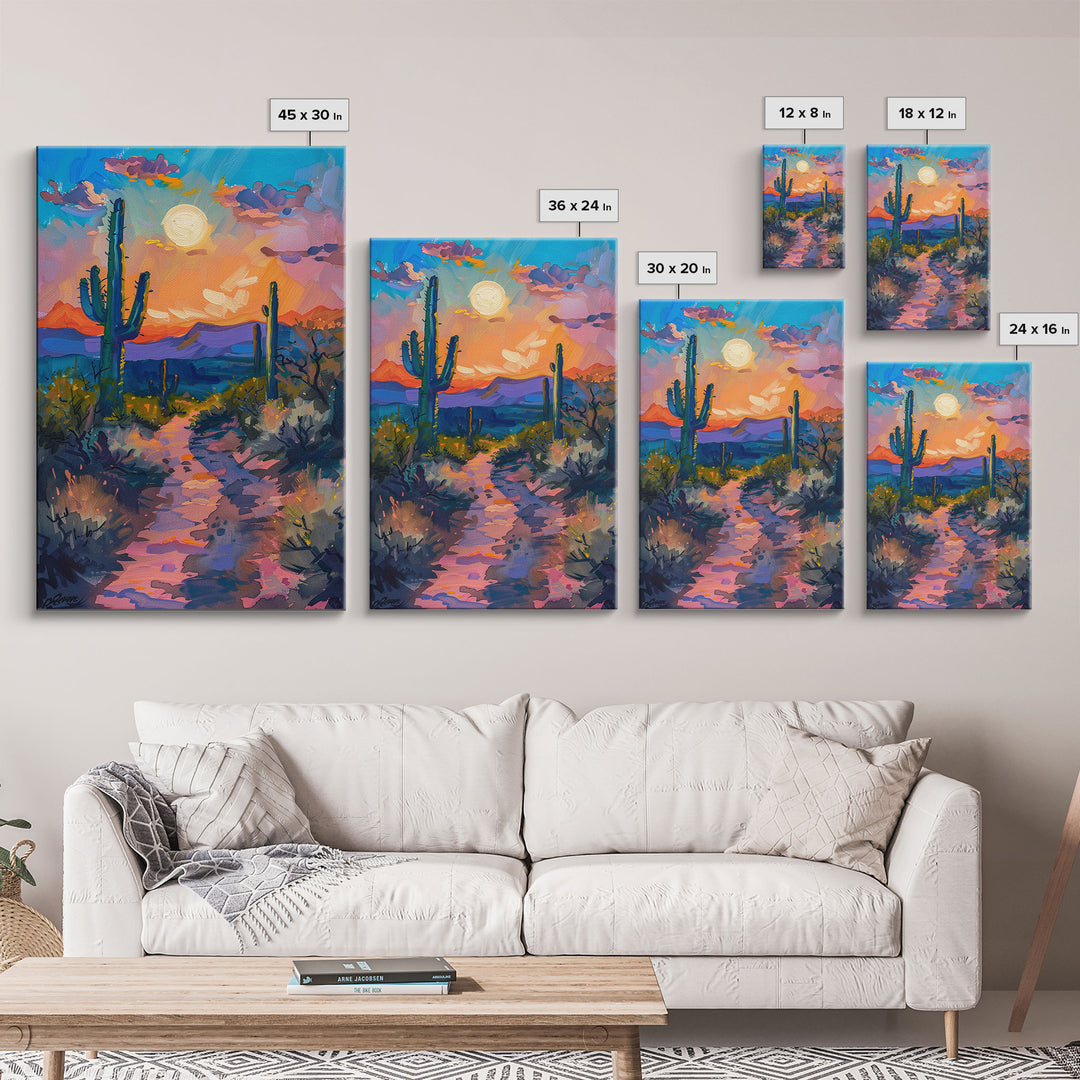 Framed Canvas Print, Colorful Desert Sunset with Cacti Wall Art, Southwest Landscape for Living Room or Bedroom, Vibrant Wall Art Piece