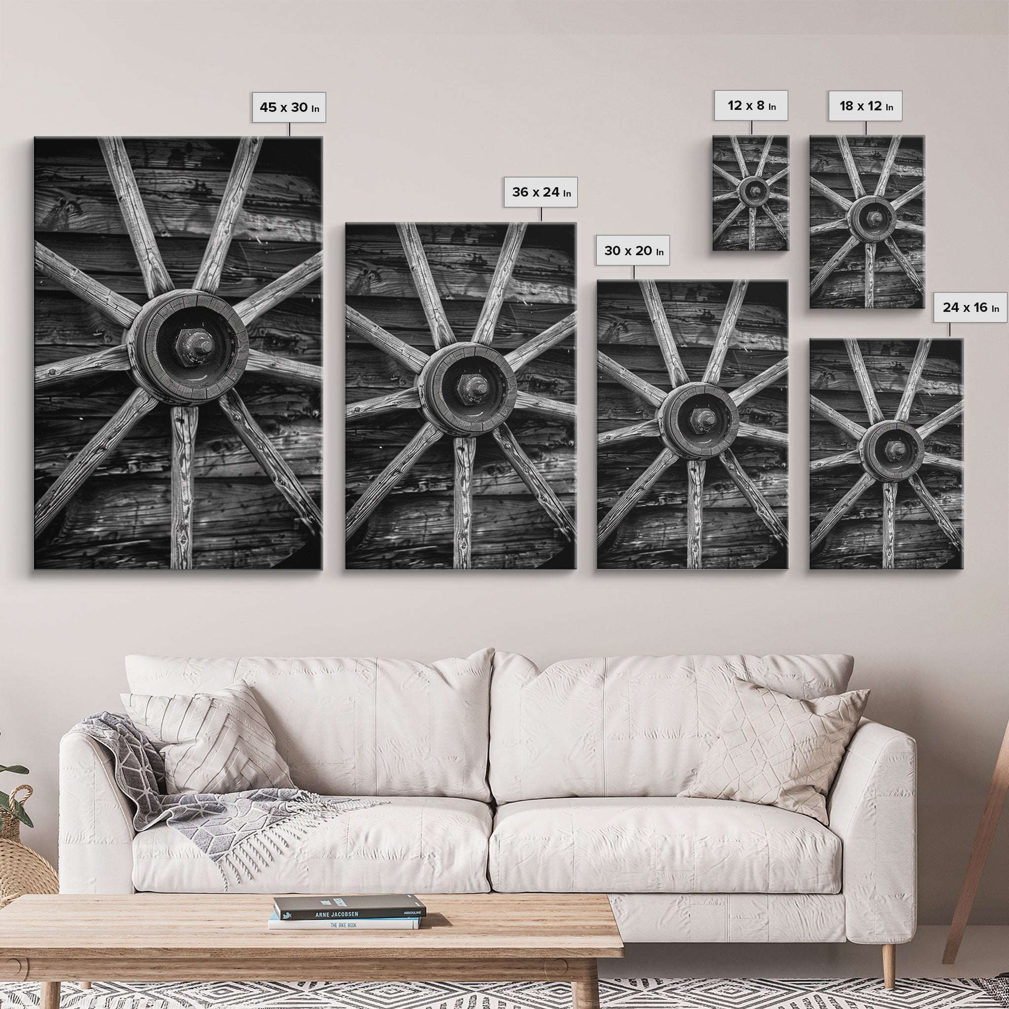 Rustic wagon wheel against wooden background, black and white Western decor Framed Canvas Print, vintage wall art for home living room decor