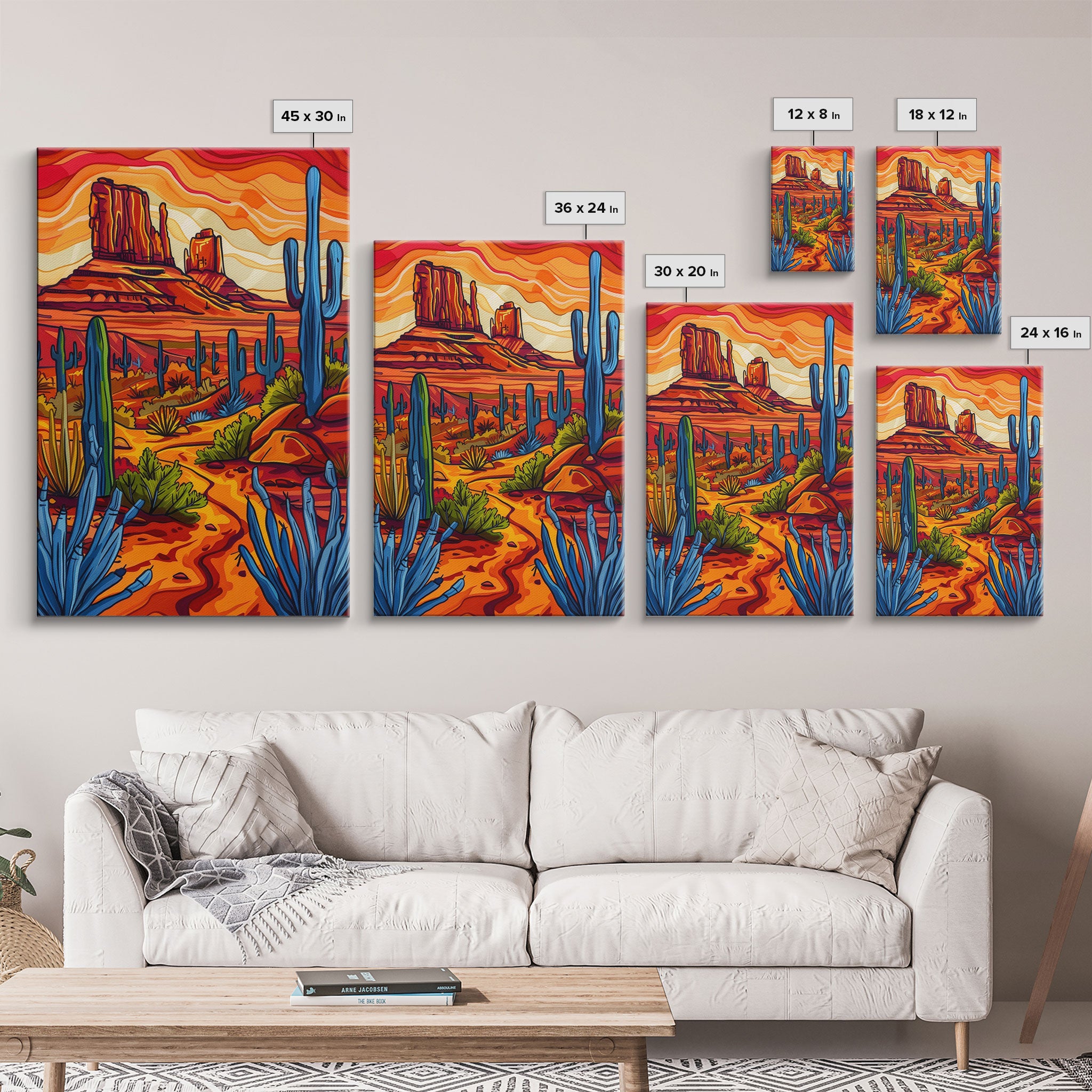 Framed Canvas Print, Vibrant Desert Scene with Cacti and Mesas, Perfect Southwest Wall Art for Living Room or Bedroom Decor