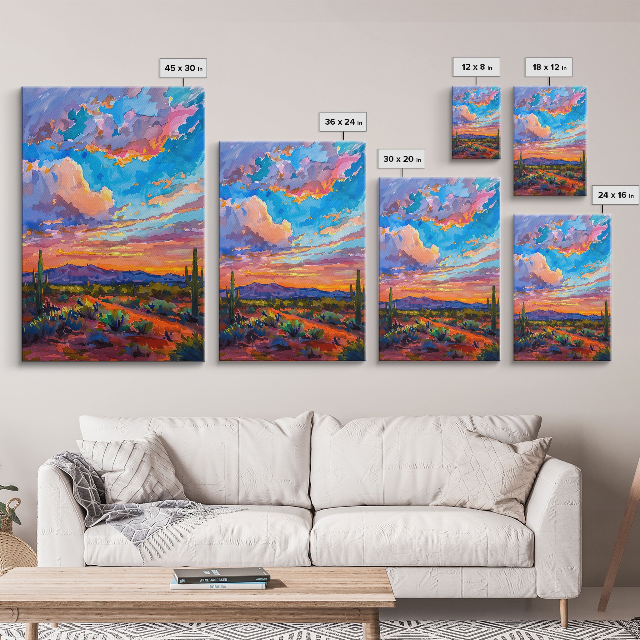 Framed Canvas Print, Colorful Desert Sunset with Cacti, Stunning Wall Art for Living Room or Bedroom Decoration