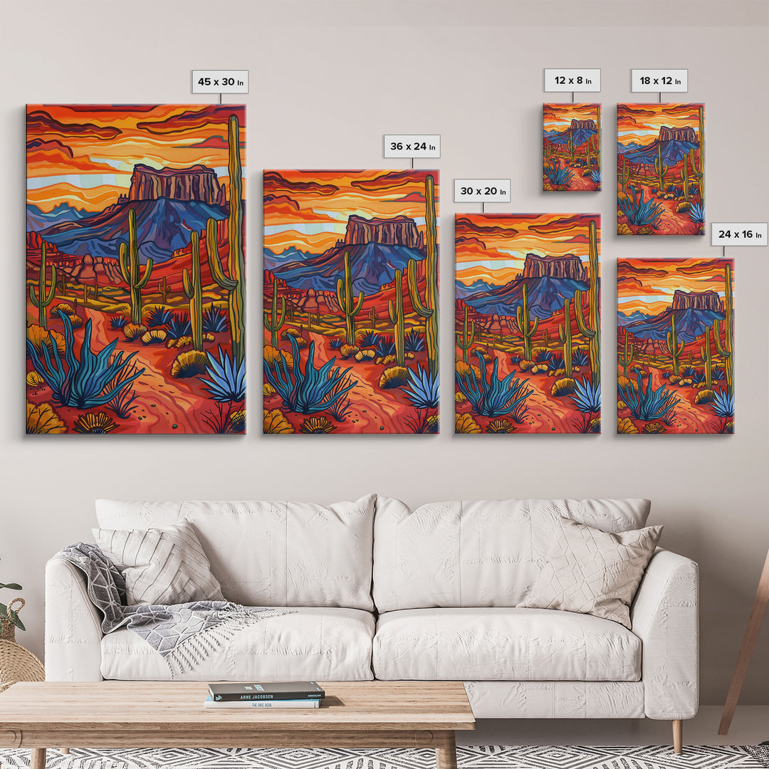 Framed Canvas Print, Bold Desert Landscape with Saguaro Cacti and Mountains, Unique Wall Art for Living Room or Bedroom