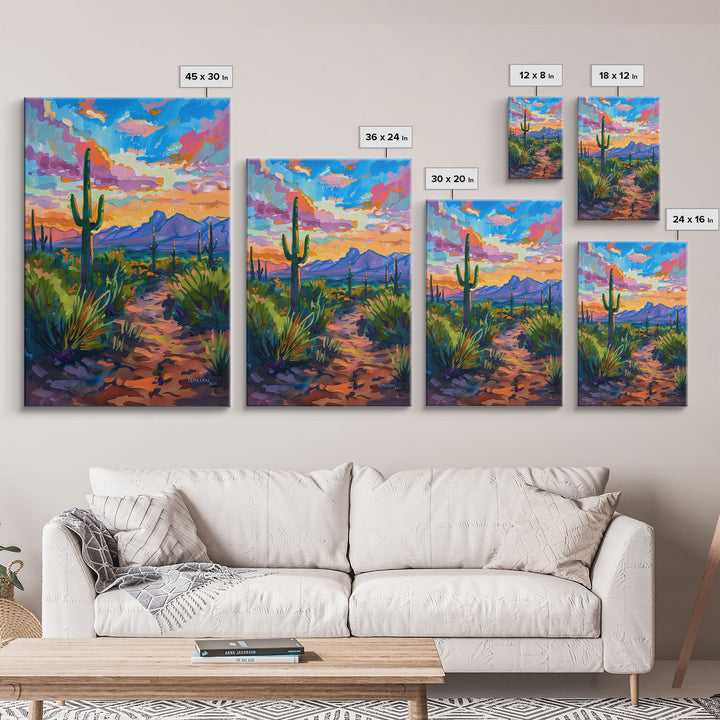 Framed Canvas Print, Sunset Over Desert with Cacti, Stunning Wall Art for Living Room or Bedroom Decor