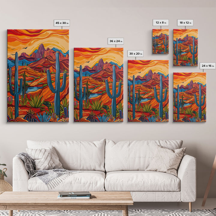 Framed Canvas Print, Bright Desert Landscape with Cacti and Mountains, Perfect Wall Art for Living Room or Bedroom