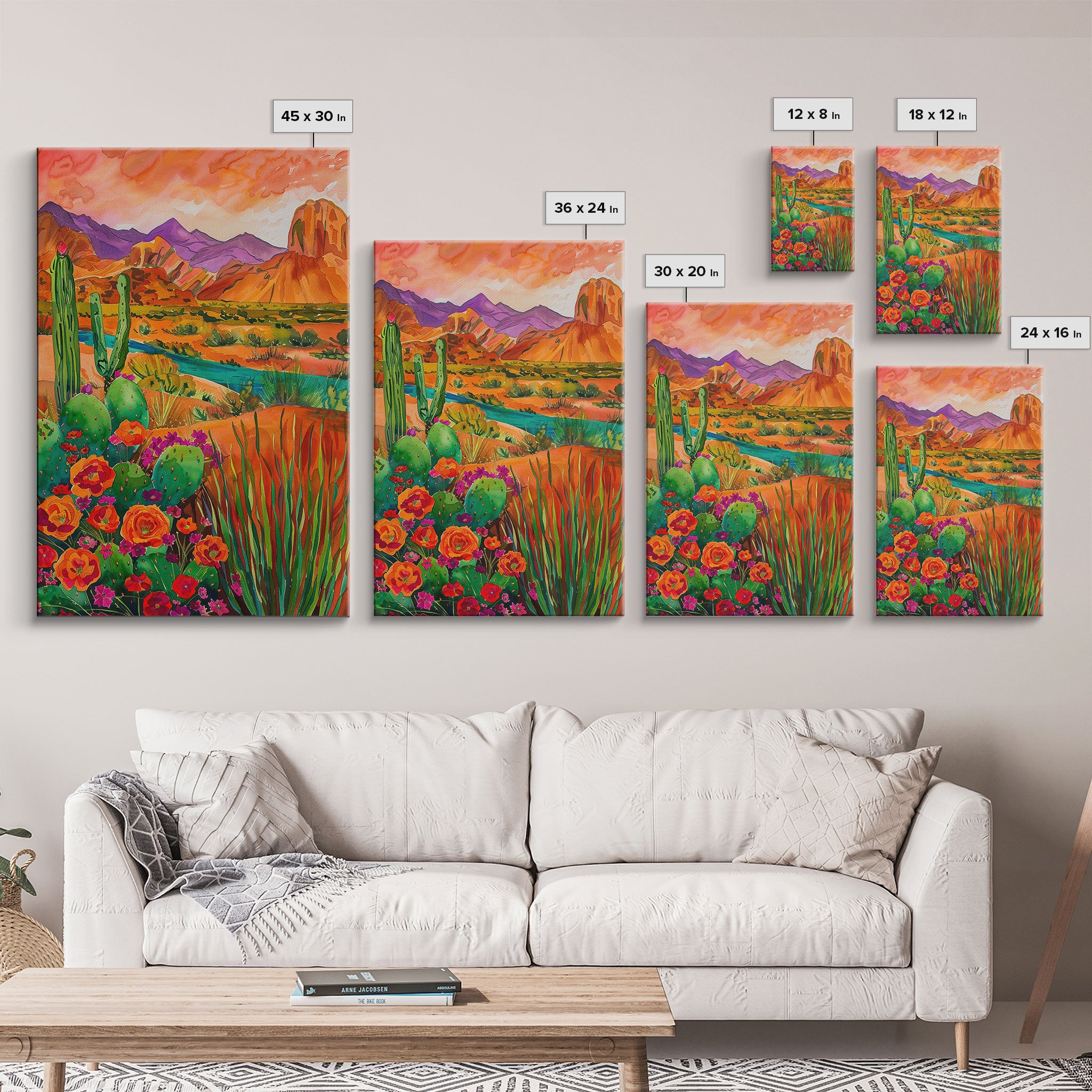 Framed Canvas Print, Colorful Desert Landscape with Blooming Cacti, Beautiful Wall Art for Living Room or Bedroom Decor