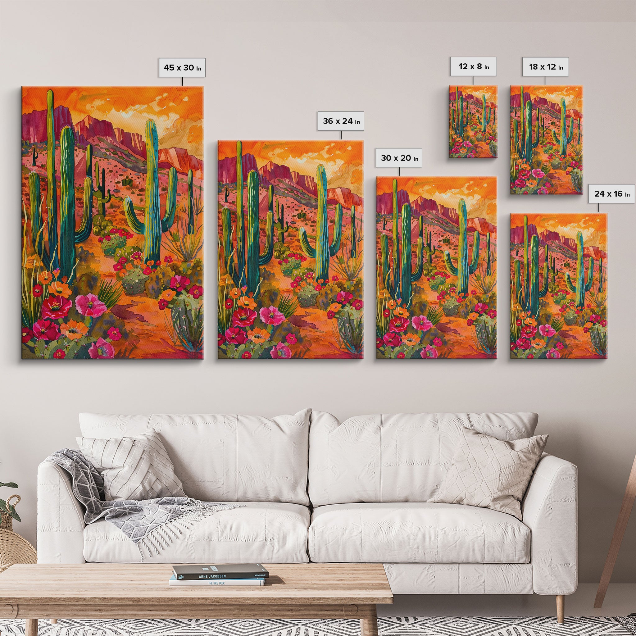 Framed Canvas Print, Vibrant Desert Scene with Saguaro Cacti and Flowers, Unique Wall Art for Living Room or Bedroom