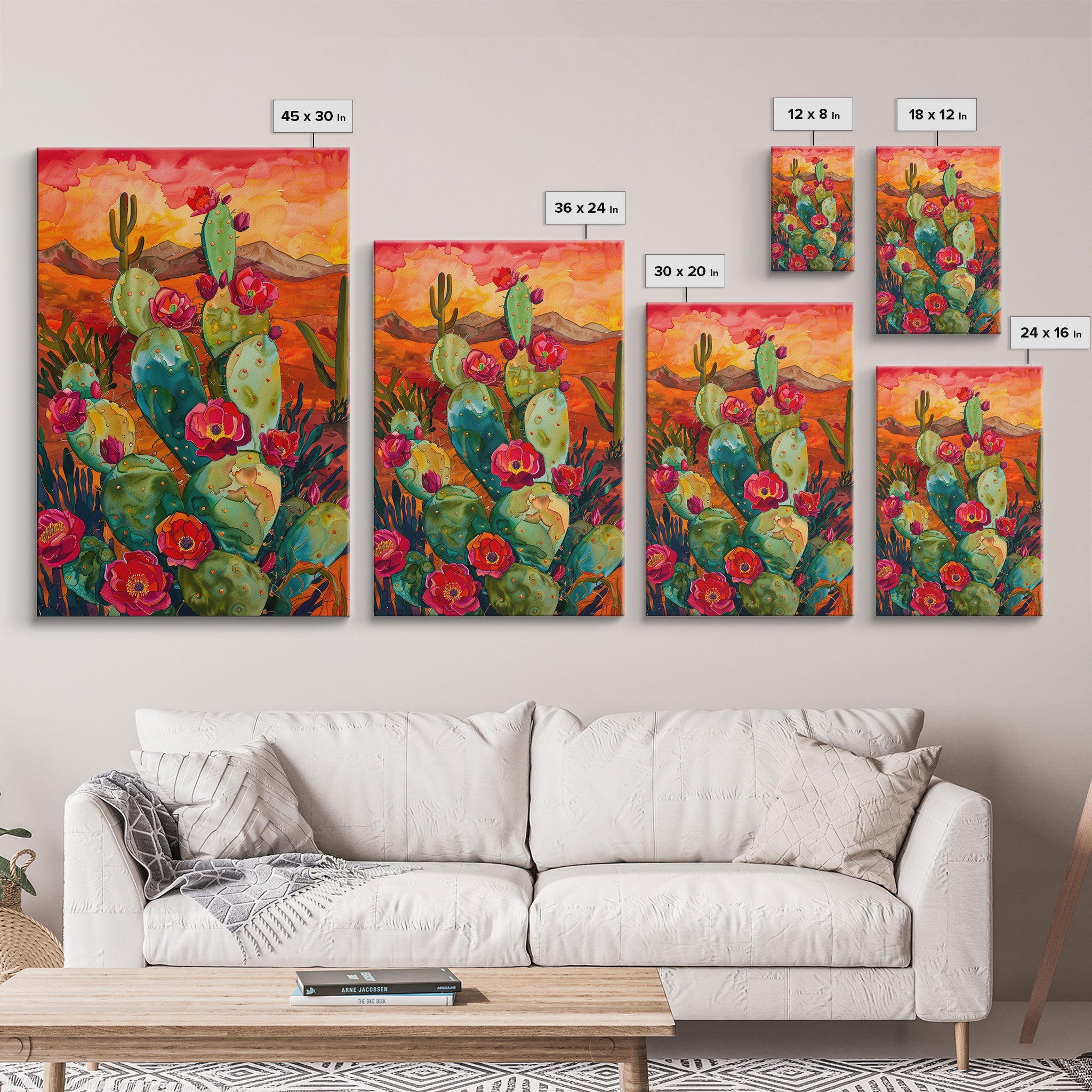 Framed Canvas Print, Blooming Cacti in Desert Sunset, Stunning Wall Art for Living Room or Bedroom Decor