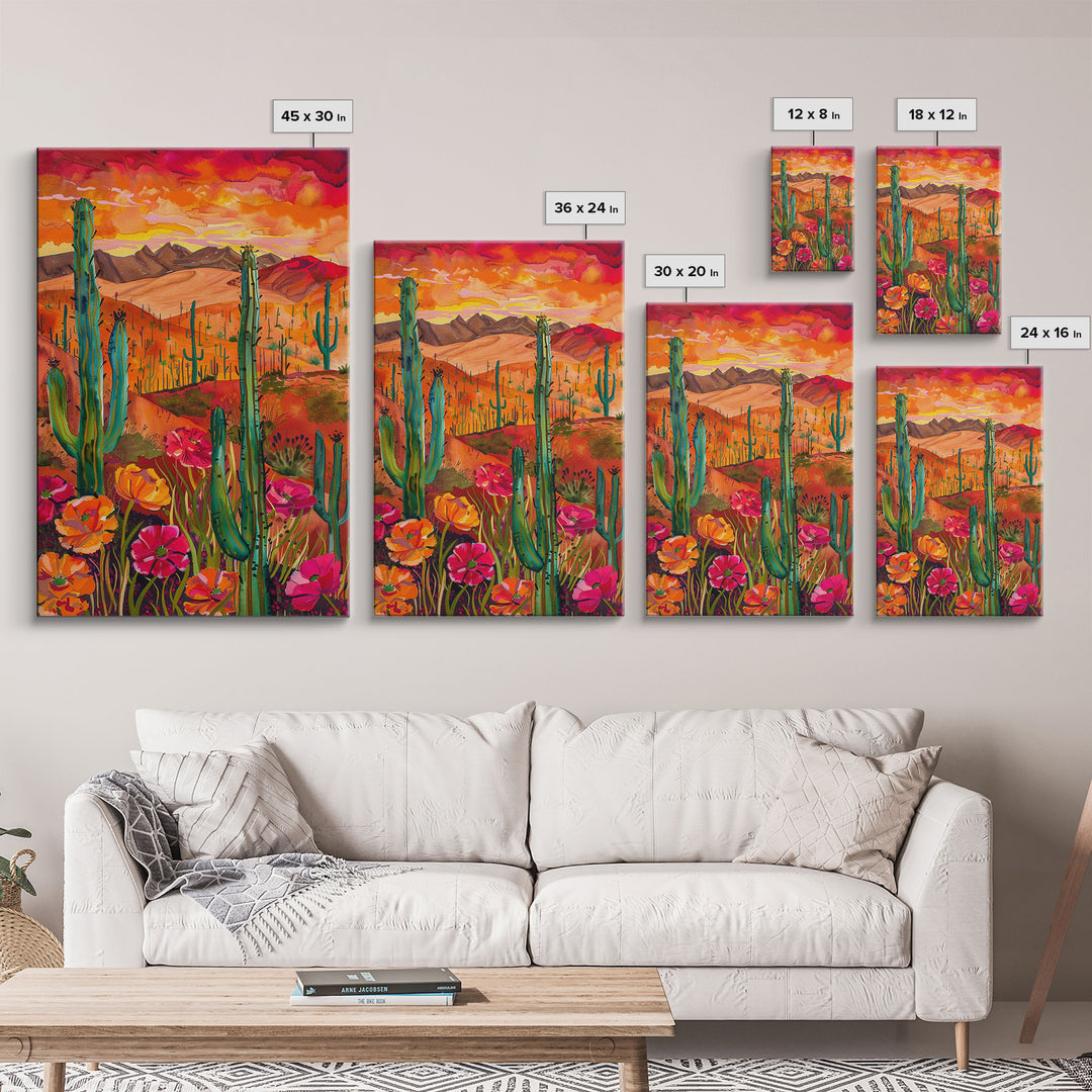 Framed Canvas Print, Vibrant Desert Landscape with Flowers and Cacti, Perfect Wall Art for Living Room or Bedroom Decor