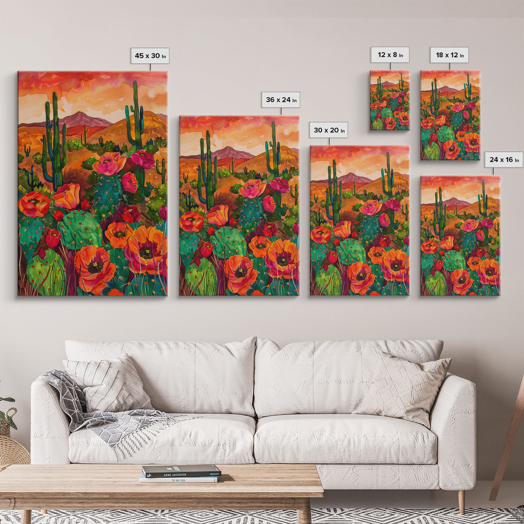 Southwest Desert Landscape with Cacti and Flowers, Colorful Wall Art for Living Room or Bedroom, Framed Canvas Print