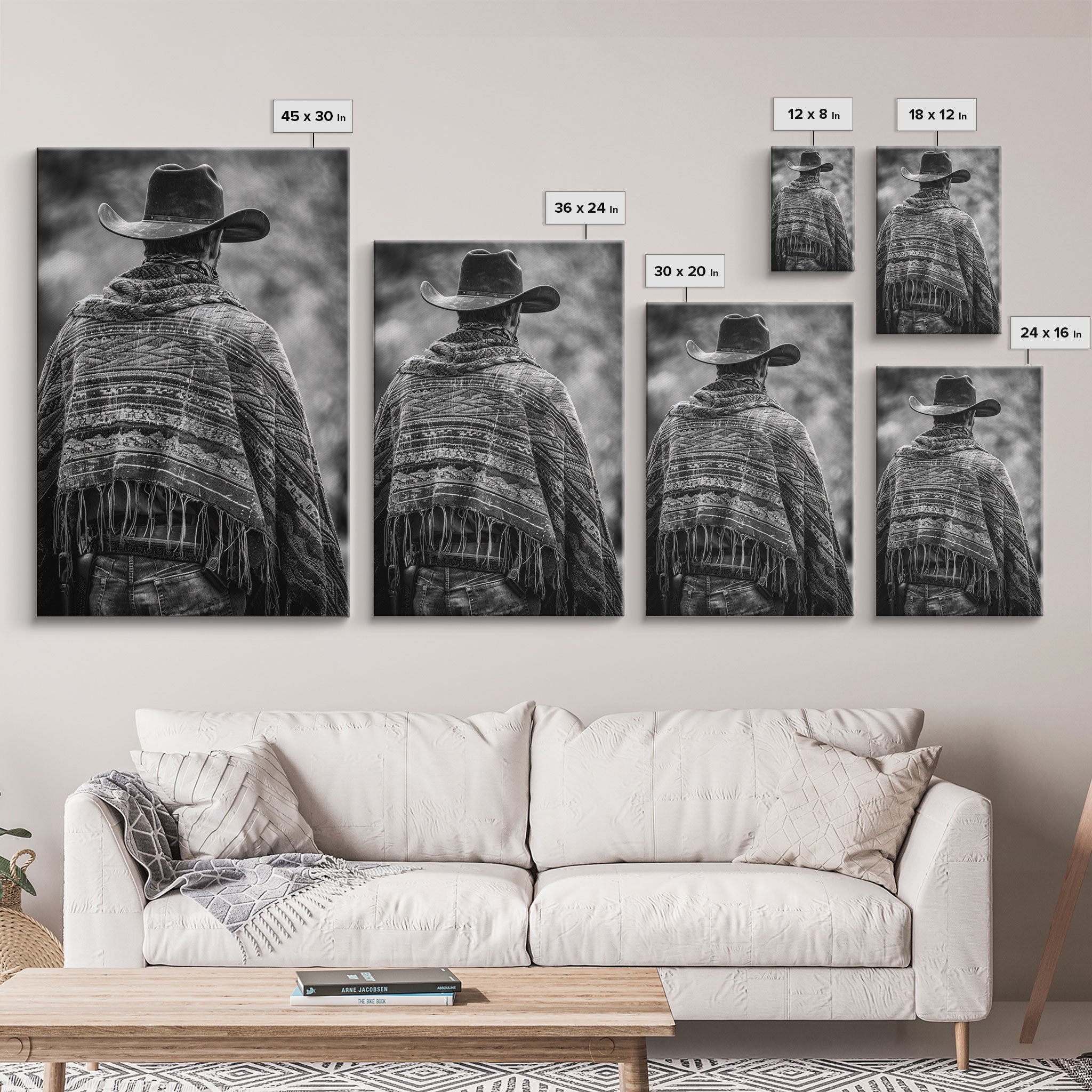 Cowboy in poncho and hat, black and white Western decor, Framed Canvas Print, rustic home art, vintage wall art for living room or bedroom