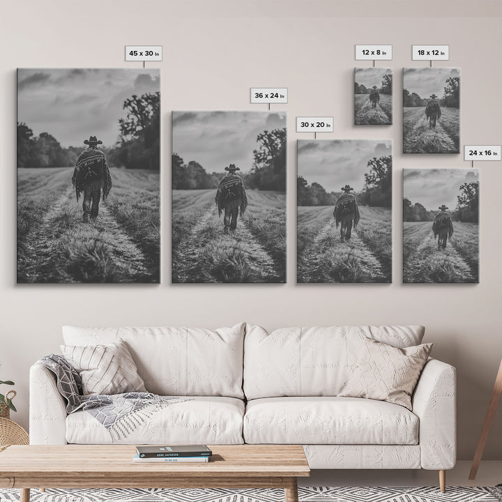 Lone cowboy walking on dirt path, black and white photography, Framed Canvas Print, rustic Western decor, vintage wall art for home